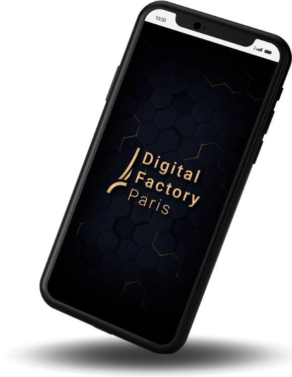 C'est la miniature d'un smartphone, affichant un écran de veille où l'on peut lire Digital Factory Paris.